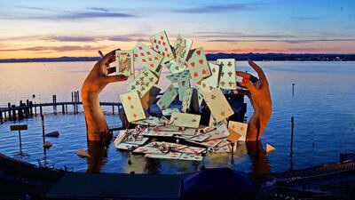 Devlin's floating stage on Lake Constance, a design for Georges Bizet’s 'Carmen' at Bregenz festival in Austria. Actors performed on the deck of cards below and videos were projected on to the cards cascading mid-air