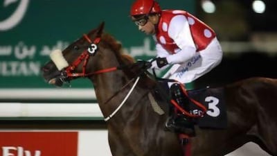 Jockey Tadhg O'Shea, on Time Out, won last night at the Abu Dhabi Equestrian Club. Sammy Dallal / The National