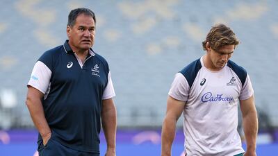 Wallabies coach Dave Rennie and Wallabies captain Michael Hooper during the Australian Wallabies captain's run at Optus Stadium. Getty
