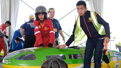 The Labyug, a gasoline prototype vehicle racing for team CBSAA Masiyentista from City of Bogo Science and Arts Academy in the Philippines, prepares to enter the track. Mindy Tan for Shell