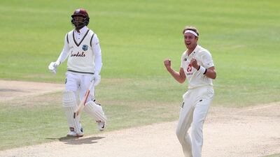 England's Stuart Broad celebrates taking his 500th Test wicket with the scalp of West Indies' Kraigg Brathwaite. Reuters