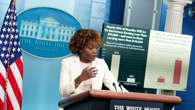 White House press secretary Karine Jean-Pierre gives details of the student loan debt forgiveness plan on Thursday. EPA