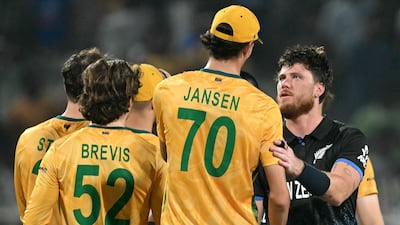 South Africa's Marco Jansen congratulates New Zealand opener Finn Allen after his stunning century. AFP