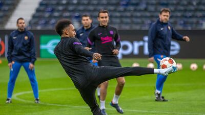 Pierre-Emerick Aubameyang during Barcelona's training session in Frankfurt. EPA