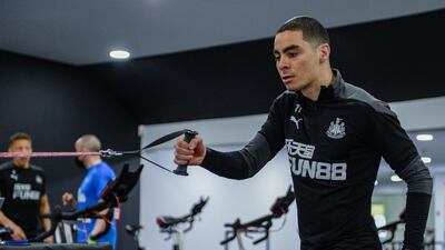 Miguel Almiron doing arm pulls during the Newcastle United training session. Getty