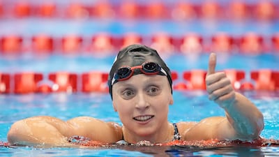 Katie Ledecky of the US celebrates after winning the women's 800m freestyle final at the World Swimming Championships in Fukuoka. AP