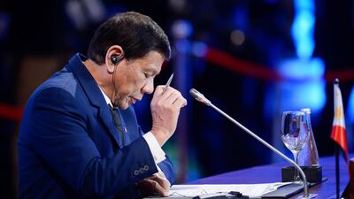 Philippine president Rodrigo Duterte gestures during the 20th ASEAN Plus Three Summit in Manila, Philippines, on November 14, 2017. Noel Celis / EPA