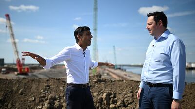Rishi Sunak, left, visits the construction site of Teesside Freeport on a visit with local Conservative Party mayor Ben Houchen. AFP
