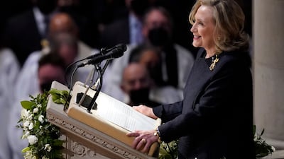 Former secretary of state Hillary Clinton speaks during the funeral service for Madeleine Albright. AP