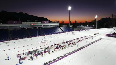 Biathletes train at Laura Cross-country Ski & Biathlon Centre in Krasnaya Polyana, Russia. Felipe Dana / AP Photo