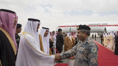 The Crown Prince of Abu Dhabi greets a Saudi dignitary upon arriving in Riyadh to attend the GCC Summit. Seen with King Salman. Mohamed Al Hammadi / Crown Prince Court - Abu Dhabi