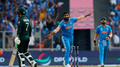 India's Jasprit Bumrah celebrates after taking the wicket of Pakistan's Shadab Khan. Reuters