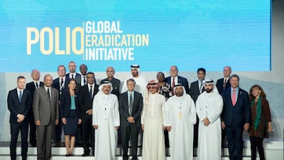 Sheikh Mohamed bin Zayed, Crown Prince of Abu Dhabi and Deputy Supreme Commander of the UAE Armed Forces stands for a photograph, during the Reaching the Last Mile Forum, at the Louvre Abu Dhabi. Seen with Bill Gates, Co-chair and Trustee of Bill & Melinda Gates Foundation and Prince Alwaleed bin Talal bin Abdulaziz Al Saud. Rashed Al Mansoori / Ministry of Presidential Affairs