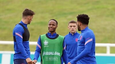 England attacker Raheem Sterling, centre, during training at the team's Euro 2020 base at St George's Park, Burton Upon Trent, ahead of the quarter-final clash with Ukraine on Saturday.