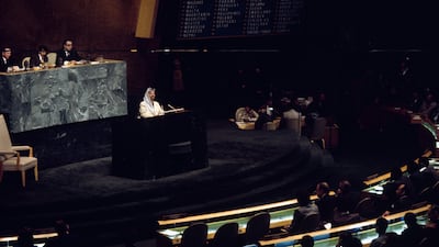 Palestine Liberation Organisation chairman Yasser Arafat speaking at a plenary session of the General Assembly of the UN in 1974. Getty Images