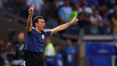 Argentina manager Lionel Scaloni reacts during the match against Paraguay. EPA