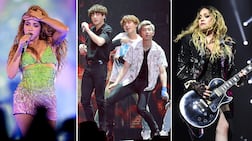 From left, Shakira, BTS and Madonna will perform at Fifa World Cup's debut half-time show on July 19. Getty Images