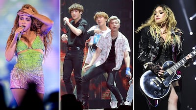 From left, Shakira, BTS and Madonna will perform at Fifa World Cup's debut half-time show on July 19. Getty Images