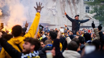 Maccabi Tel Aviv fans were accused chanting anti-Palestinian slogans and burning a flag in Amsterdam ahead of their Europa League match against Ajax on November 7, 2024. EPA