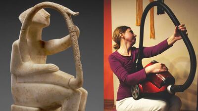 No harp? No problem. Irena Ochódzka uses a vacuum cleaner to recreate a marble artefact, Male Harp Player of the Early Spedos Type, from 2700–2300 BC and submitted the image via Facebook to the Getty Museum. Courtesy The Getty Museum