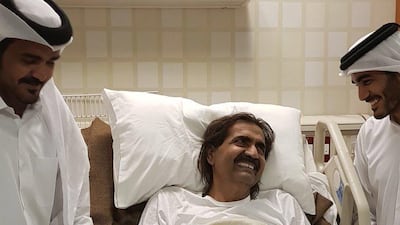 Sheikh Joaan tweeted a picture of his father looking happy. He said his father underwent a simple surgical procedure for the fracture and wished him well. Twitter / JoaanBinHamad