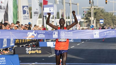 Winner for men’s division 42km Kipserem finishing the race at the ADNOC ABU Abu Dhabi Marathon. Leslie Pableo for The National