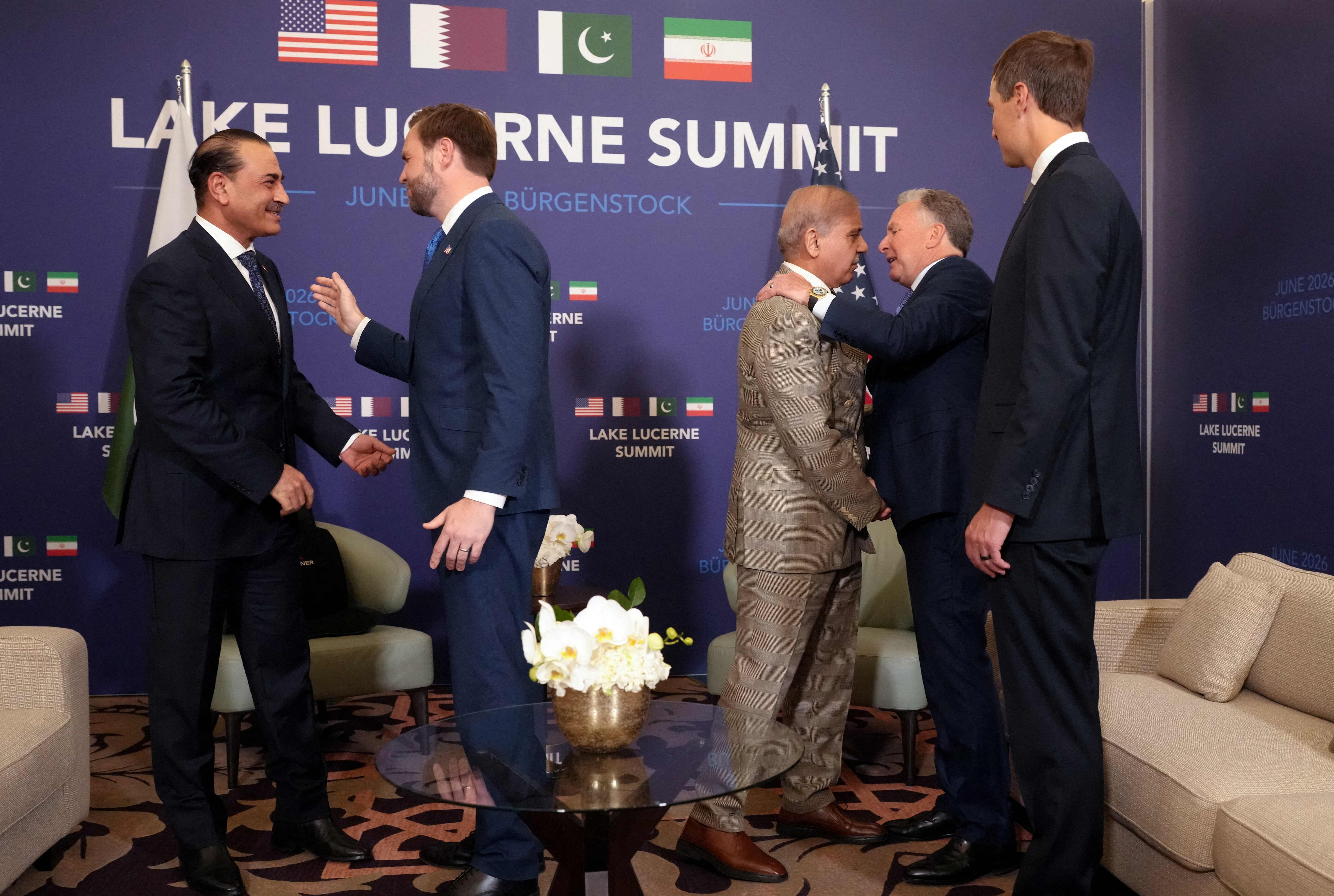 JD Vance, second left, US special envoy Steve Witkoff, second right, and Jared Kushner, right, meet Pakistani Prime Minister Shehbaz Sharif, centre, and Chief of Army Staff Field Marshal Asim Munir, left. AFP