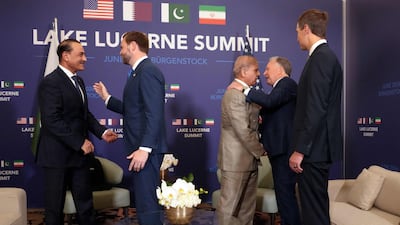 US Vice President JD Vance, second left, US special envoy Steve Witkoff, second right, and Jared Kushner, US President Donald Trump's son-in-law, right, meet Pakistan's Prime Minister Shehbaz Sharif, centre, and Pakistani Chief of Army Staff Field Marshal Asim Munir, left, at the Burgenstock resort in Switzerland, on Sunday. AFP