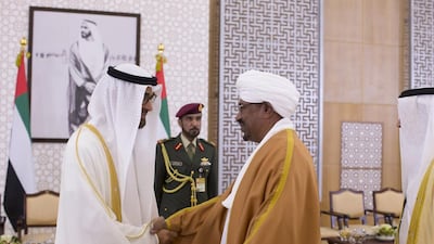 Sheikh Mohammed bin Zayed, Crown Prince of Abu Dhabi and Deputy Supreme Commander of the Armed Forces, receives Omar Al Bashir, the president of Sudan, at a reception before the opening of Idex 2015 in Abu Dhabi. Ryan Carter / Crown Prince Court Abu Dhabi