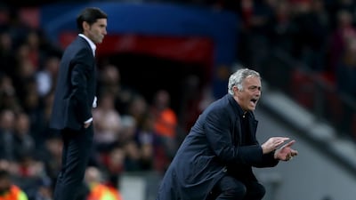 Manchester United's manager Jose Mourinho shouts out instructions during the match. EPA