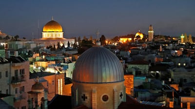 A picture taken on December 4, 2017 shows a general view of the skyline of the old city of Jerusalem, with the Dome of the Rock (L) in the Aqsa Compund. AFP