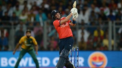 England’s Joe Root hits out for six runs during his knock of 83 in the ICC World Twenty20 match against South Africa. Gareth Copley / Getty Images