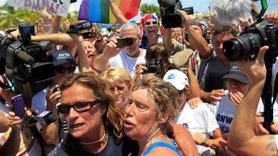 “I have three messages. One is, we should never, ever give up. Two is, you’re never too old to chase your dream. Three is, it looks like a solitary sport, but it is a team,� she said on the beach. Andrew Innerarity / Reuters