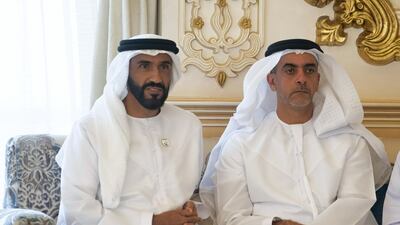Sheikh Nahyan bin Zayed, Chairman of the Board of Trustees of Zayed bin Sultan Al Nahyan Charitable and Humanitarian Foundation, left, and Sheikh Saif bin Zayed, Deputy Prime Minister and Minister of Interior, attend a Sea Palace barza. Mohamed Al Hammadi / Ministry of Presidential Affairs