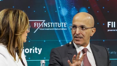 Saudi Finance Minister Mohammed Al Jadaan speaks at the Future Investment Initiative Priority Summit conference in Miami, Florida, on March 26. Bloomberg