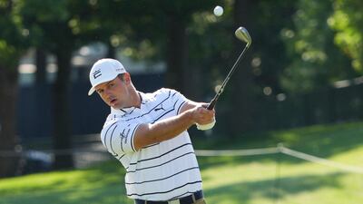Bryson DeChambeau chips in the practice area during a practice round for the PGA Championship at Southern Hills Country Club, Tulsa, Oklahoma, on May 16, 2022. USA TODAY Sports