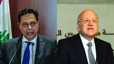 Lebanese PM Hassan Diab and previous Lebanese PM Najib Mikati. AFP/ EPA