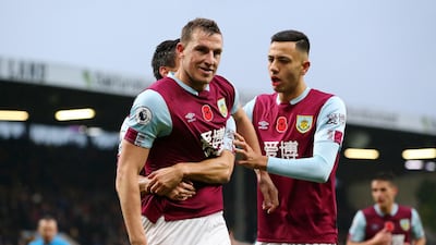 Chris Wood celebrates with teammates after scoring Burnley's second goal against West Ham United. Getty Images