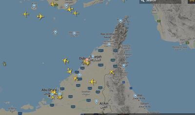 The airspace over the UAE on Sunday, March 29. Courtesy FlightRadar24.