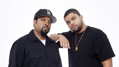 Ice Cube left, and son O’Shea Jackson Jr, who portrays him in the film. Invision / AP