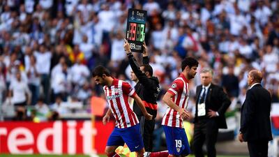 Diego Costa of Atletico Madrid is replaced by Adrian Lopez during the Uefa Champions League Final against Real Madrid on May 24, 2014 in Lisbon, Portugal. Laurence Griffiths/Getty Images