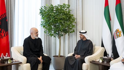 President Sheikh Mohamed bin Zayed meets Edi Rama, Prime Minister of Albania. Photo: UAE Presidential Court