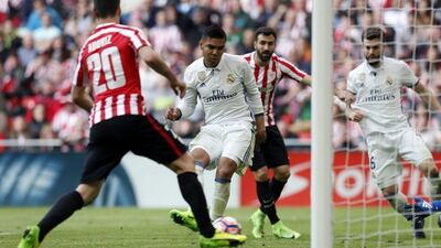 Casemiro slots home Real Madrid's winning gaol against Athletic Bilbao. Luis Tejido / EPA