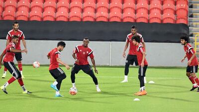 UAE national team players train ahead of 2018 World Cup qualifying matches against Palestine, in the West Bank on Tuesday, and Malaysia, on Thursday night in Abu Dhabi. Photo Courtesy / UAE FA