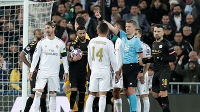 Referee Daniele Orsato shows Sergio Ramos the red card dafter his foul on Jesus. Getty