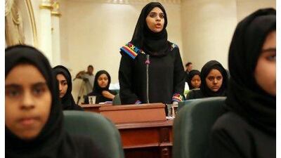Sameha al Mansouri addresses the panel during the Sharjah's Youth Consultative Council. "My family are very proud," she says.