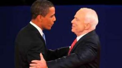 Barack Obama and John McCain greet each other prior to their second presidential debate.