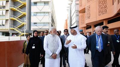 Indian Prime Minister, Narendra Modi, visits Masdar City with Dr Ahmad Belhoul, chief executive of Masdar and Nawal Al Hosany, Director of Sustainability at Masdar and Manager of the Zayed Future Energy Prize. Wam