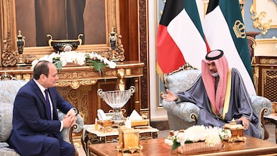 Emir Sheikh Nawaf with Egyptian President Abdel Fattah El Sisi in Kuwait City on February 22, 2022. EPA