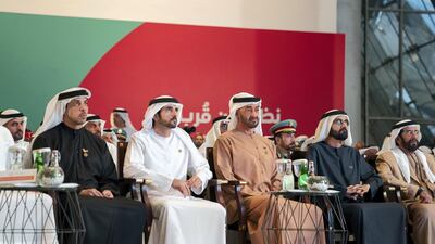 Sheikh Mohammed bin Rashid and Sheikh Mohamed bin Zayed attend an announcement for Aqdar World Summit to be held at Expo 2020 Dubai. Seen with Sheikh Mansour bin Zayed, Deputy Prime Minister and Minister of Presidential Affairs, Sheikh Hamdan bin Mohammed, Crown Prince of Dubai, and Sheikh Tahnoon bin Mohammed. Mohamed Al Hammadi / Ministry of Presidential Affairs
